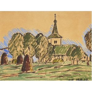 Krajina z Dražkoviec: 1957, akvarel, gvaš na papieri, 21x27 cm, značené vpravo dole J. K. 29.IX.57